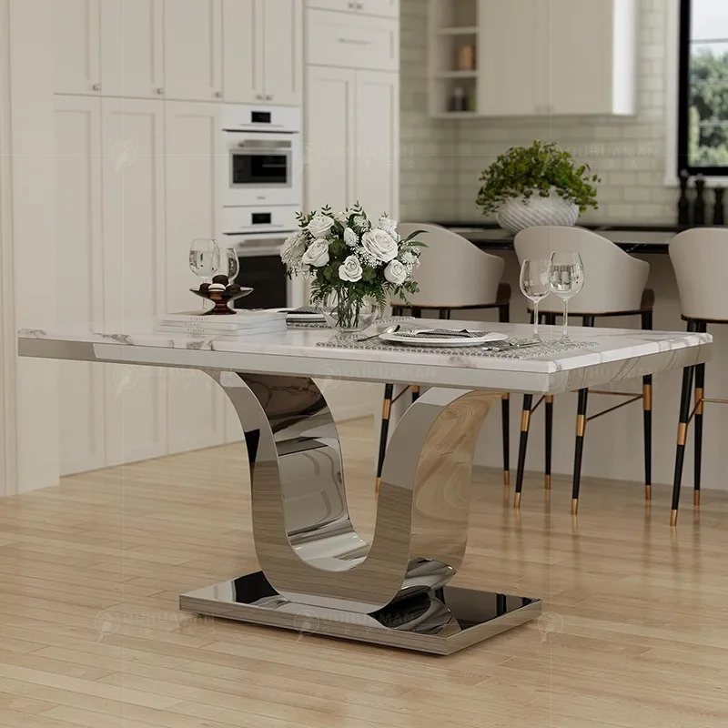 

Italian light luxury stainless steel marble dining table and chair combination post-modern household large apartment rectangular