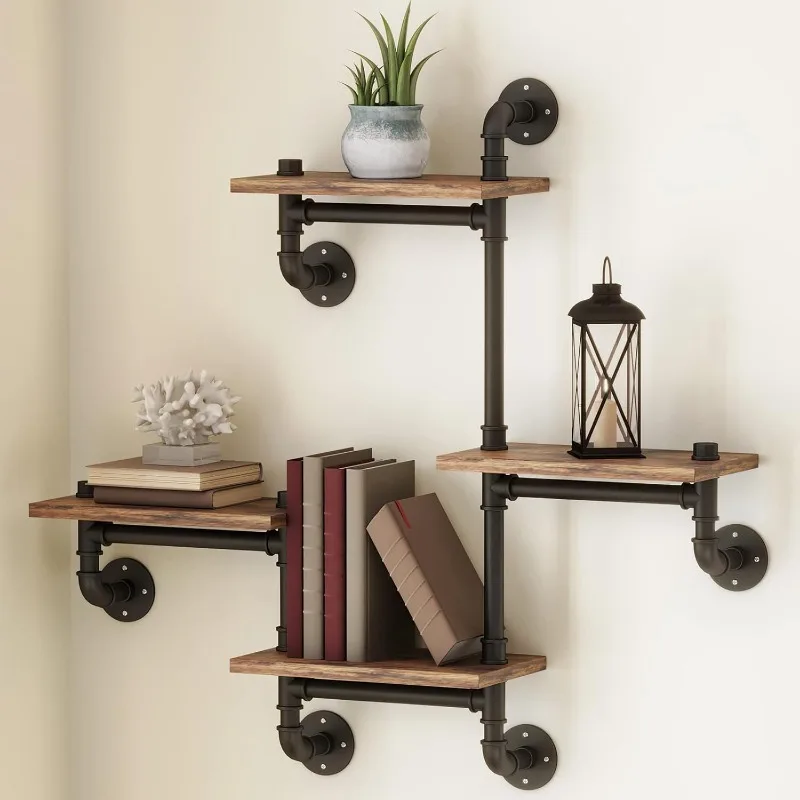 

Industrial Floating Pipe Wall Mounted Shelves Rustic Modern Wood Shelving Bookcase 4 Layer Ladder Hanging Bookshelf