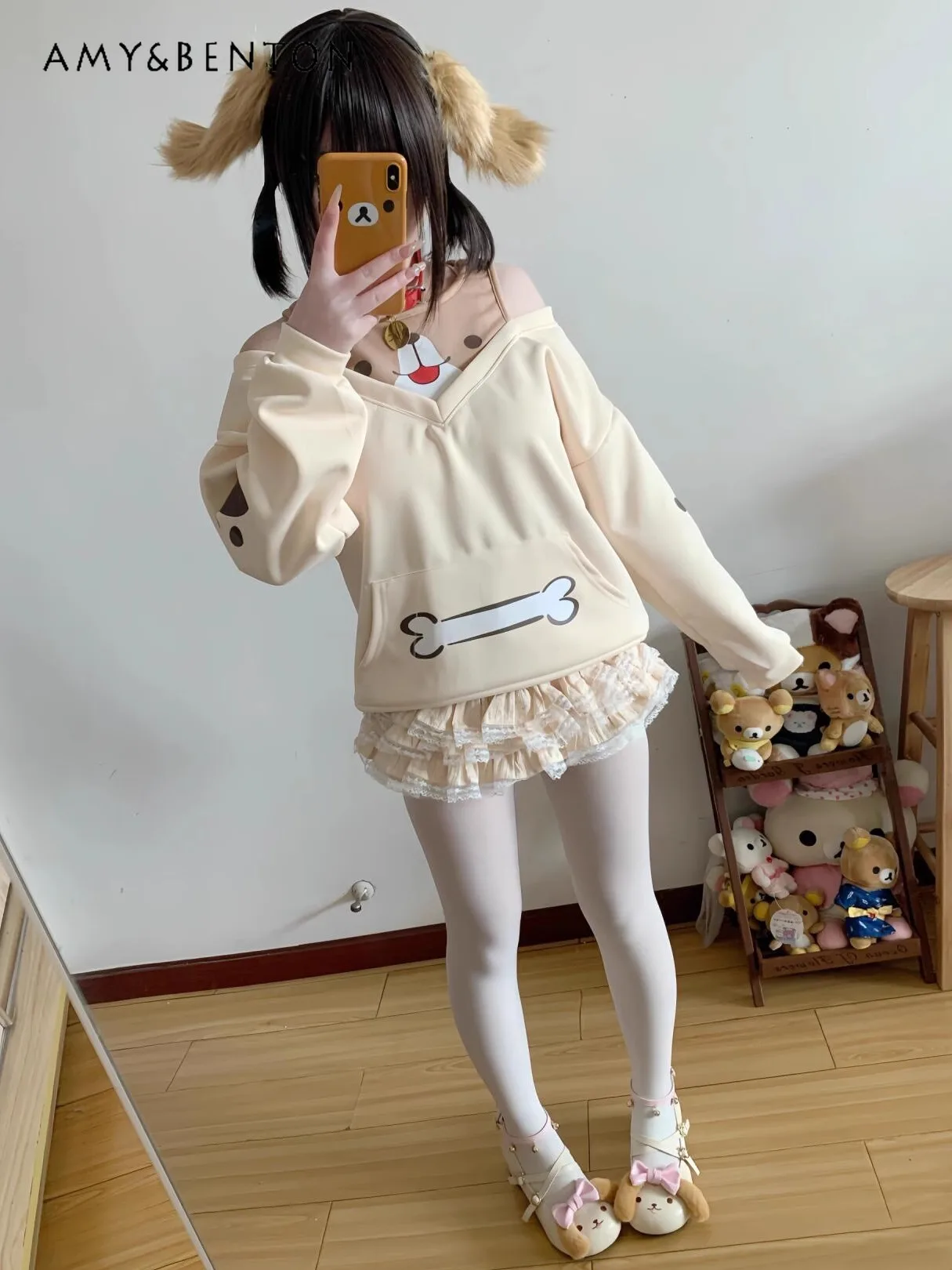2025 Spring and Autumn Japanese Style Soft Girl Cute Off-Shoulder Fake Two-Piece Sweatshirt Yellow Loose Long Sleeve Pocket Top