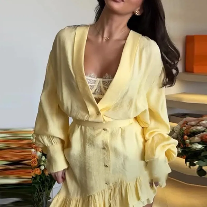 

Irregular Dress Women Summer Waist-Cinching 2025 New Hot Style Elegant Turn-Down Collar Button Long Sleeve Ruffle Short Dres