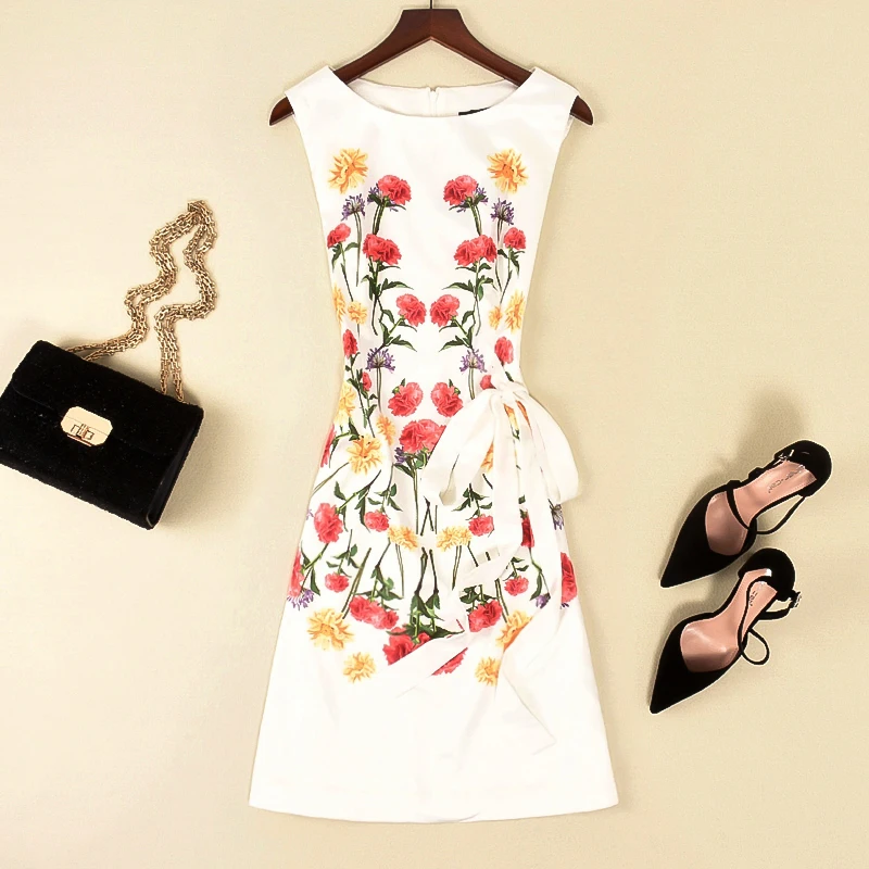 

Ele Summer New A-Line Dr Waist-Cinching round Ne Svel Print Belted Women's High-End Faion Commute Sle