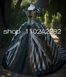 Black White Gothic Victorian Evening Dresses Puffy Shoulder Bustle Corset Ruched Pleated Prom Gown Masquerade Steampunk