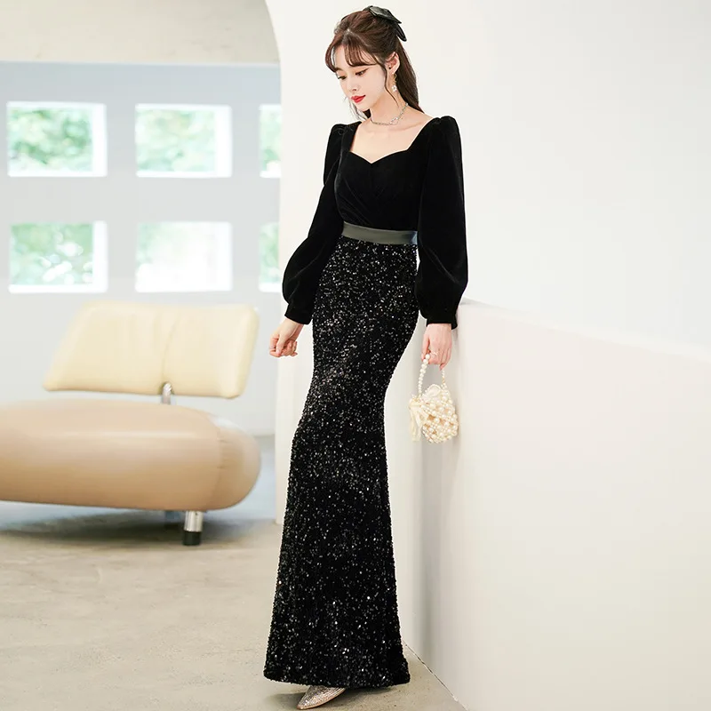 

Elegant Black Evening Gown Women's New 2026 Party High-End Luxury Fish Tail Hostess Dress mid Waist Grid Cloth