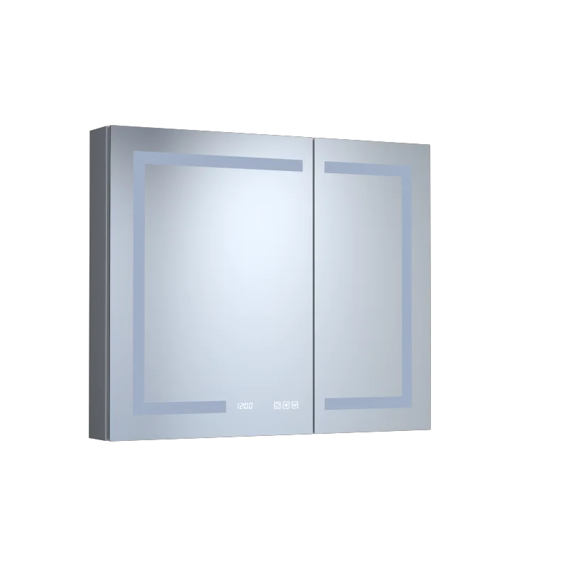 36 pulgadas. L x 30 pulgadas. Botiquín empotrable/montaje en superficie de aluminio plateado rectangular H con LED de espejo y reloj