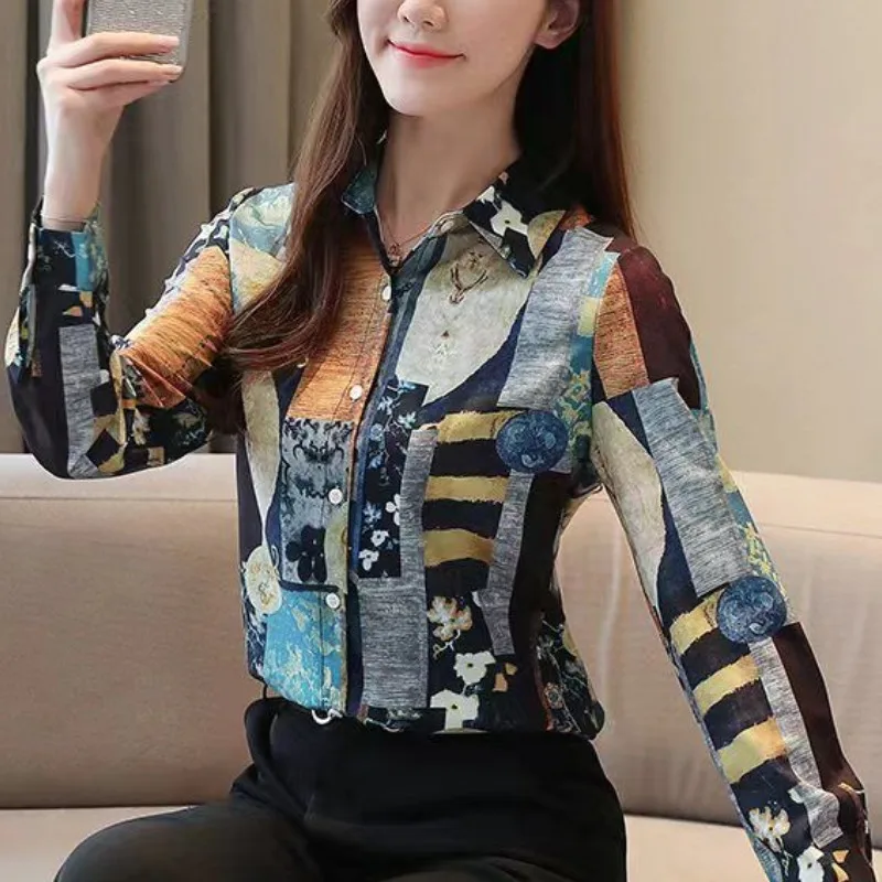 2024 New Korean Retro Spring Women\'s POLO Collar Printed Fashion Versatile Single Row Multi Button Long Sleeve Loose Shirt Top