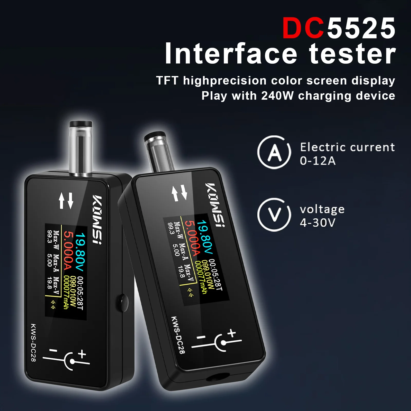 KWS-DC28 Current Voltage Meter 4-30V 12A Digital Interface Tester TFT Color Screen Voltmeter Ammeter Compatible DC Port Devices