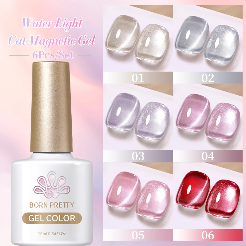 BORN PRETTY 6Pcs/Set 10ml Water Light Cat Magnetic Gel Nail Polish Aurora Spar Glitter Glass Soak Off UV LED Nail Varnish