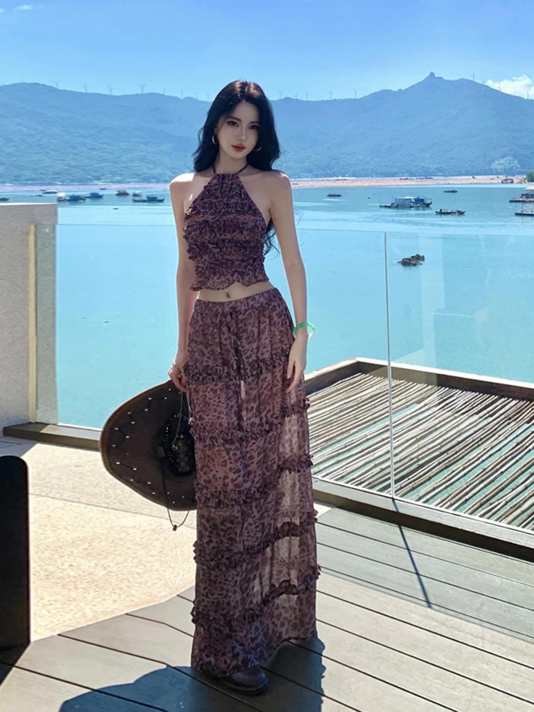 Sexy Leopard Print ter Ne  Dr And Hat Beach Vaion Sle Women's Faion Set Breathable Lightweight Summer Outfit