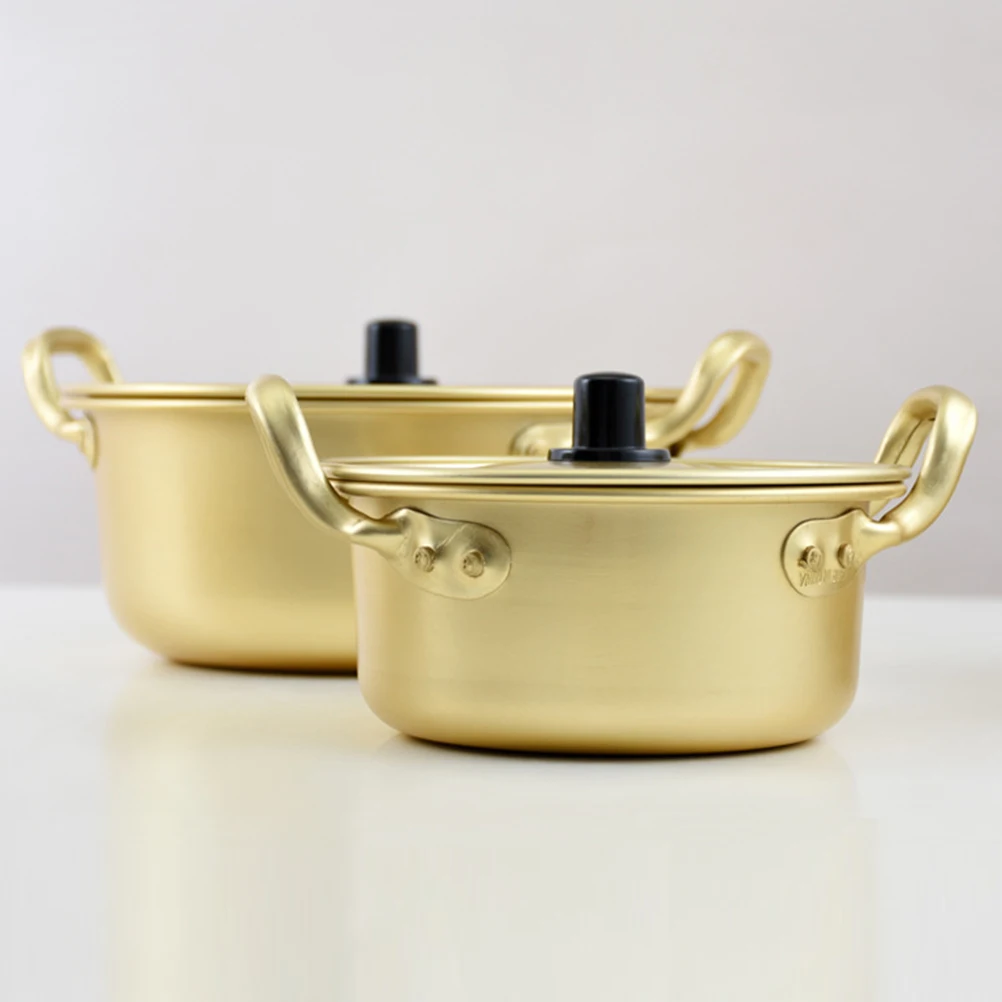 

1 set Aluminum Instant Noodles Pot Set Double Handle Soup Bowl with Lid Porridge Heater Golden Cooking Kit Includes Chopsticks