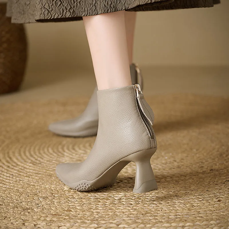 جلد طبيعي المرأة الكاحل الجوارب أشار تو الظهر زمم رقيقة عالية الكعب مكتب سيدة أحذية 2025 جديد Phoentin FT4241