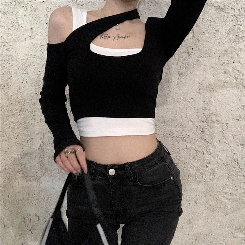 Fake Two Piece Black T-shirt Women Autumn New Sexy Off Shoulder Short Tops Long Sleeved Bottoming Corset Top