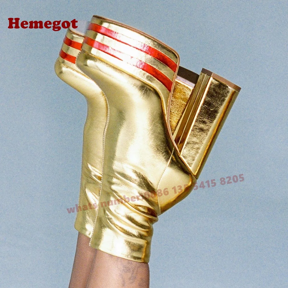 

Golden Chunky Heels Ankle Boots Metallic Platform Splicing Women's Boots 2025 Winter Side Zipper Casual Runway Shoes Luxury Sexy