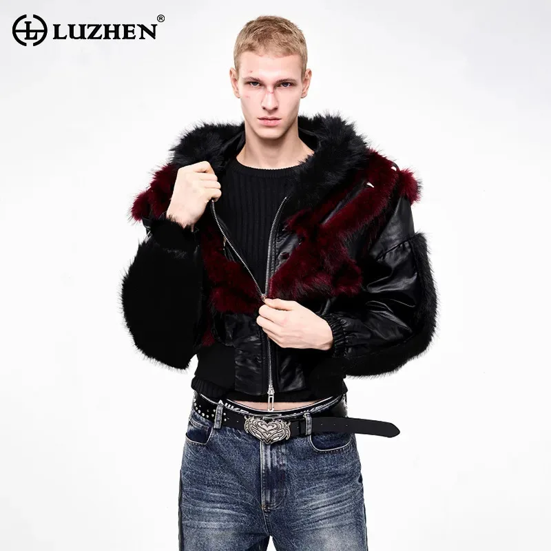 

LUZHEN 2025 зимнее новое индивидуальное меховое лоскутное дизайнерское кожаное пальто с капюшоном, мужская модная уличная мужская парка высокого качества JY4561