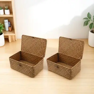 

2Pcs Storage Basket Seaweed Woven Natural Organizer Box Multipurpose Storage Container for Home Kitchen Bathroom