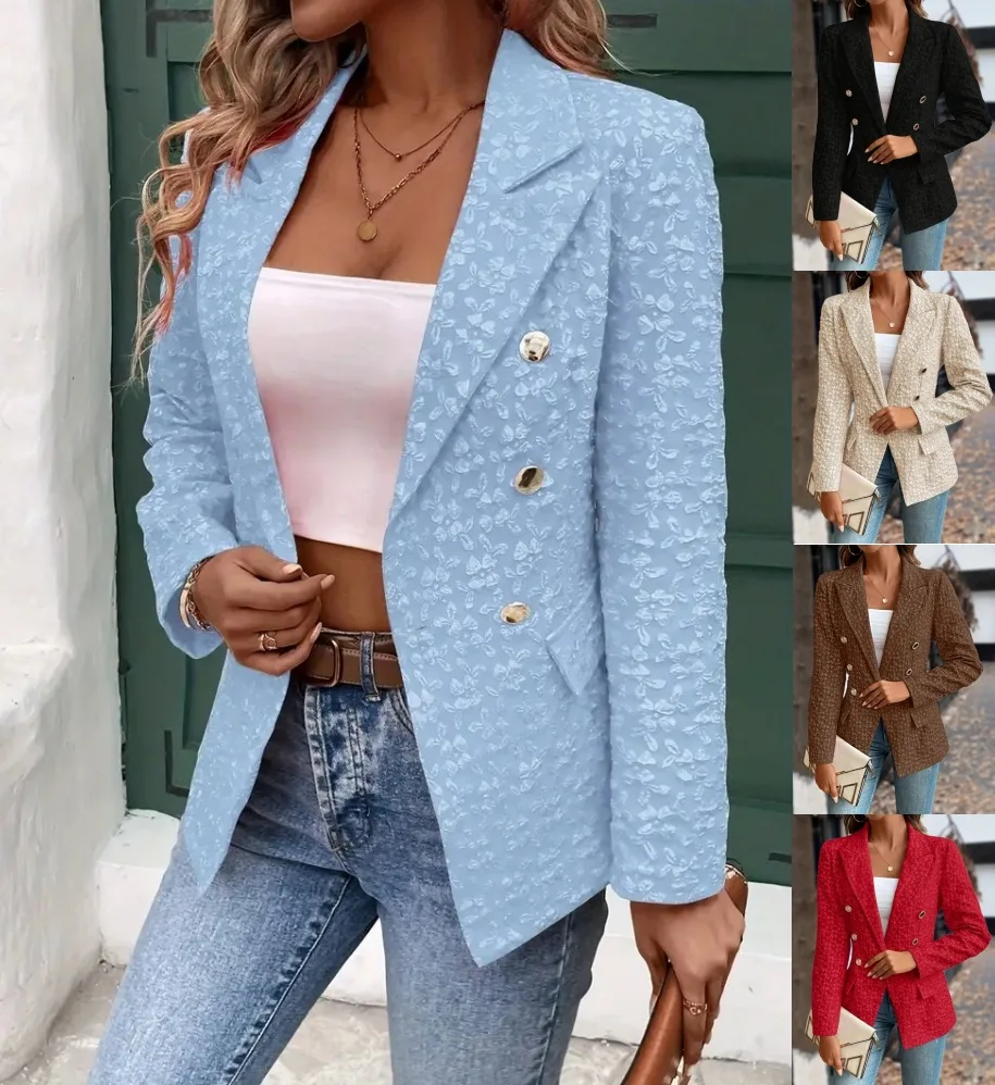 

Women Fashion Blue Blazer Jacket 2024 New Office Lady Double Breasted Pockets Vintage Female Coat