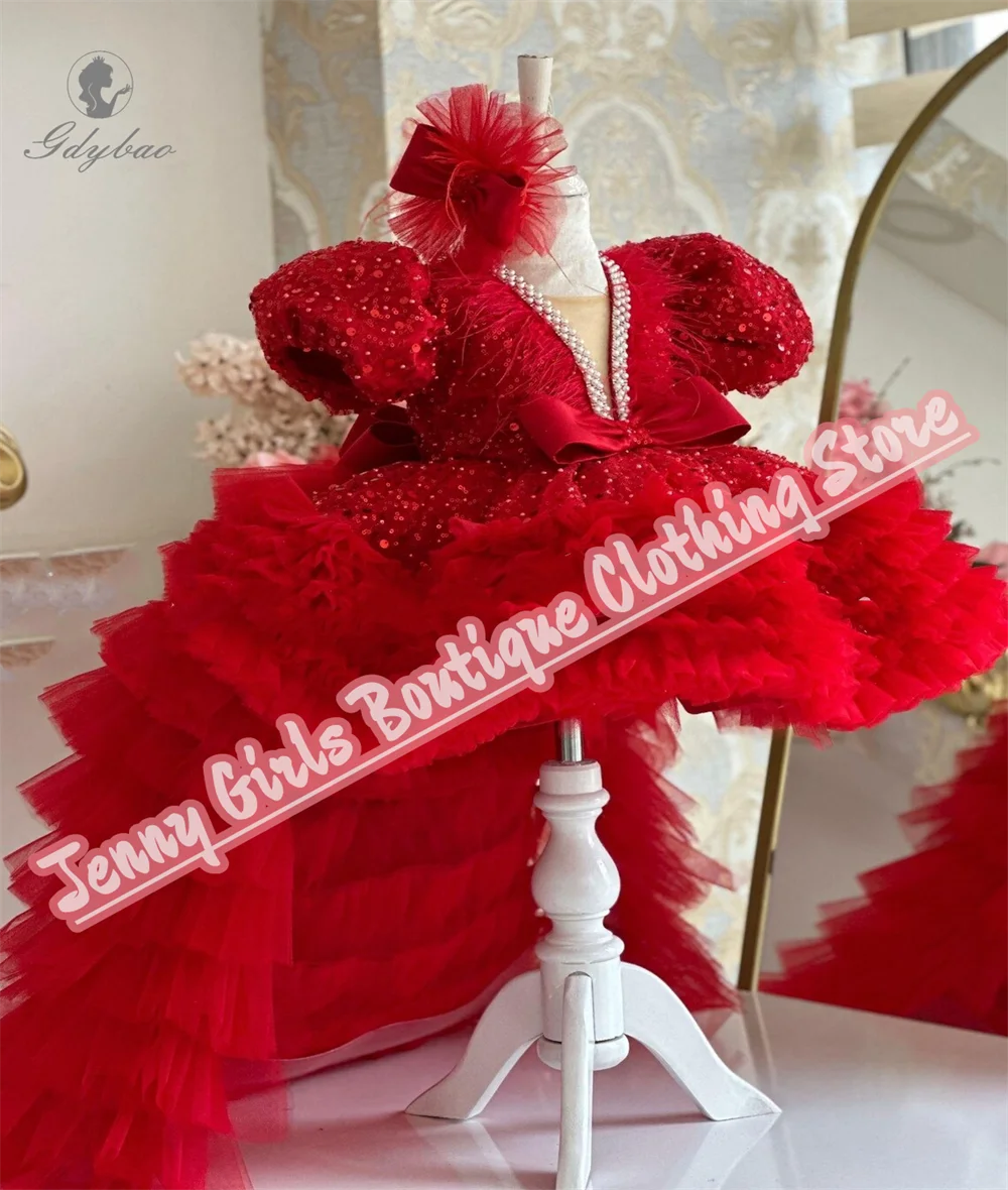 Vestido de menina de flor azul real com lantejoulas e laço para comunhão, casamento, aniversário, evento, vestido de noite