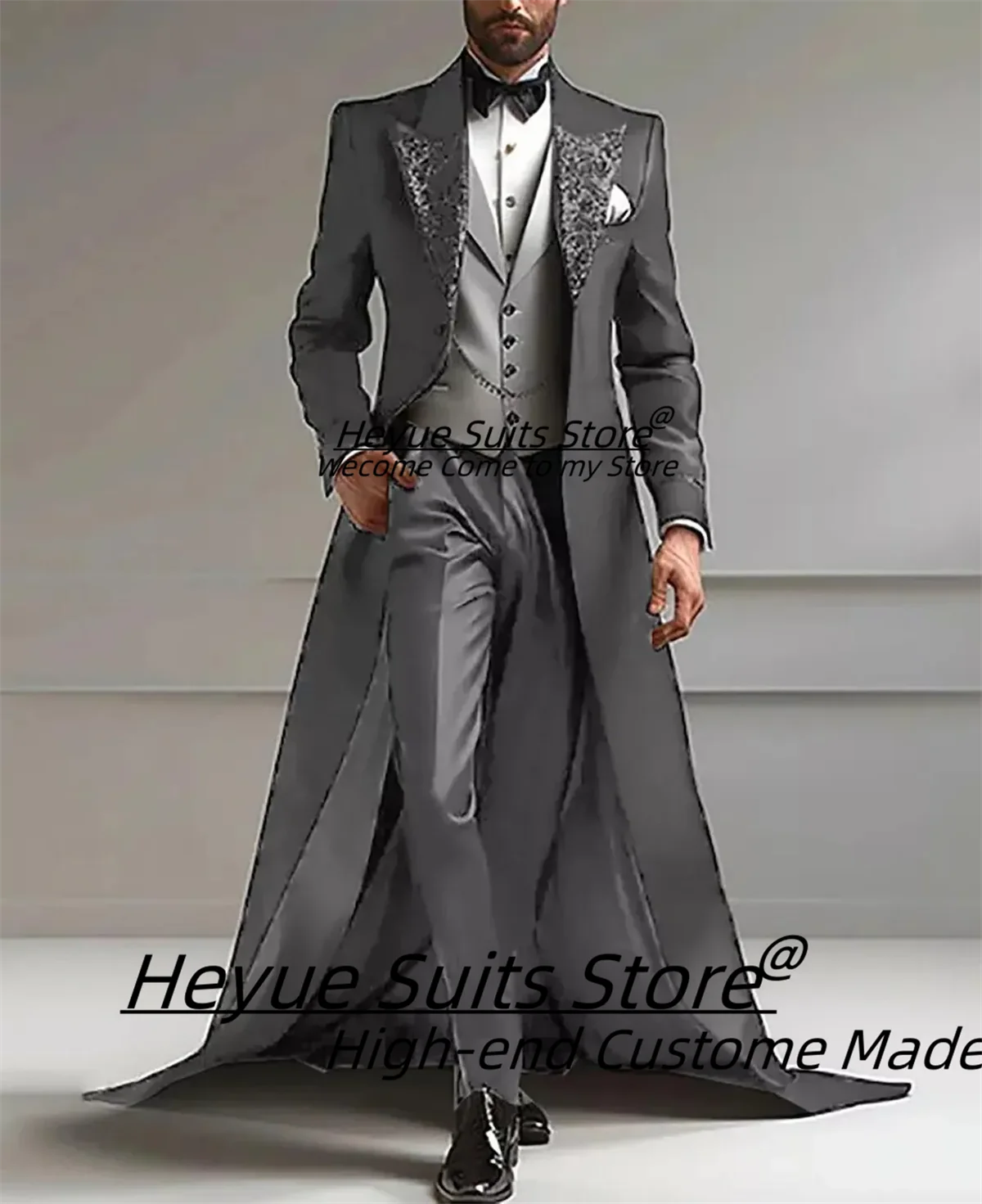 Fashion French style Long Men Suits Slim Fit Peak Lapel Groom Formal Tuxedos3Pcs Sets Handsome Male Blazers High-end Ropa Hombre