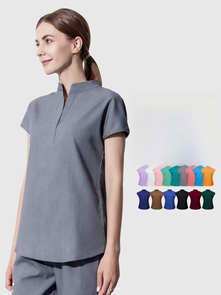  Elastic Short Sleeve Stand Collar Hand Washing Gown Surgical Suit for Nurses Pet Oral Doctors Work Uniform Women