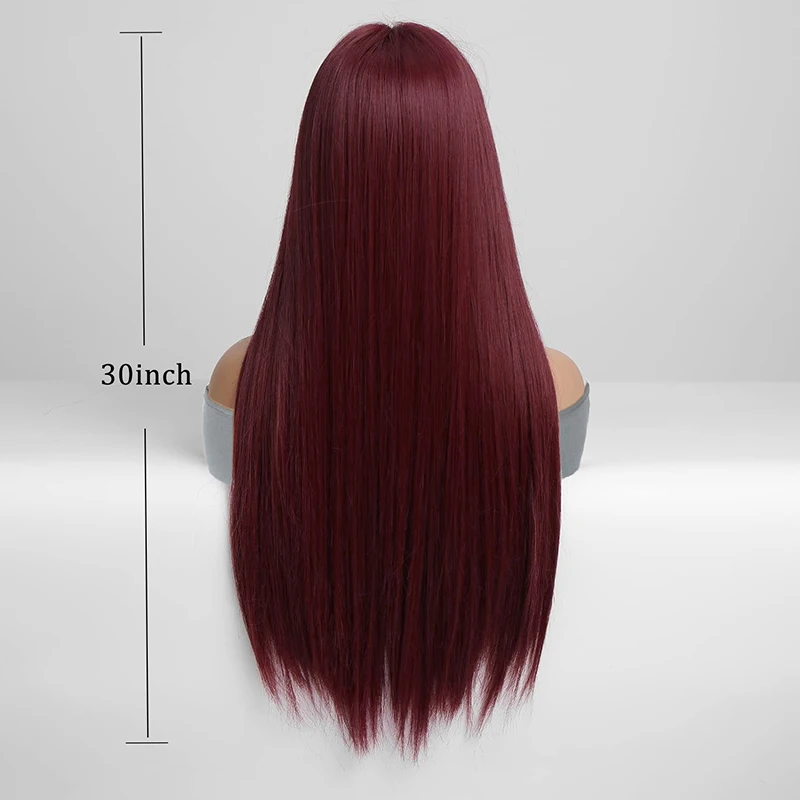 Burgundy Red Wig Long Straight Synthetic Hair Wigs with Bangs Heat Resistant Synthetic No Lace Wigs for Fashion Women 30 inch