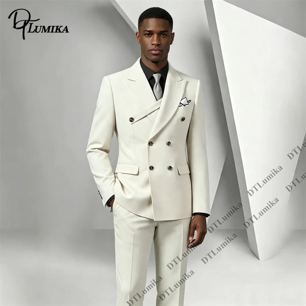 Banquet Two Piece Suit Diagonal Placket Double Breasted Suit 2 Piece Men Peak Lapel Slim Formal Groom Outfit For Wedding Beach