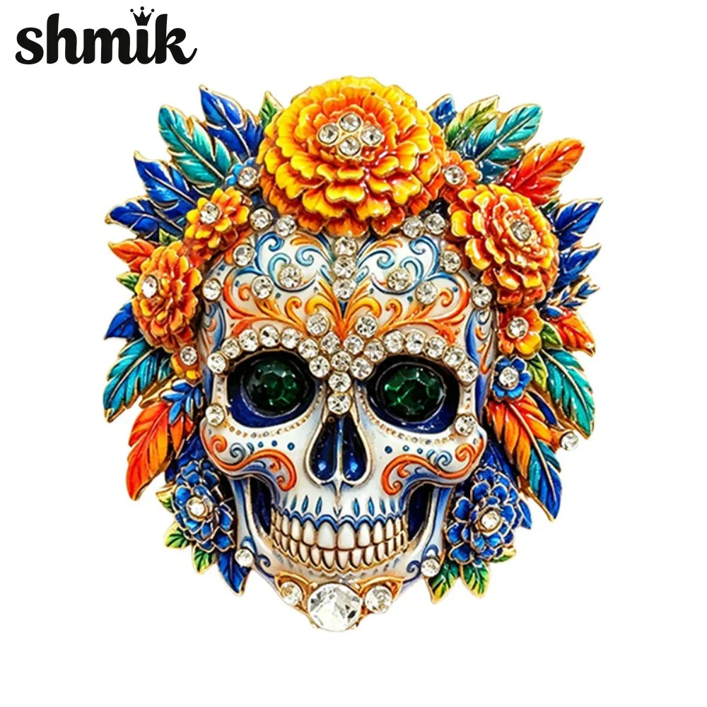 Vintage Enamel Skull Flower Brooch, Rhinestone Day of The Dead Lapel Pin, Retro Gothic Corsage for Coat Women Jewelry Gift