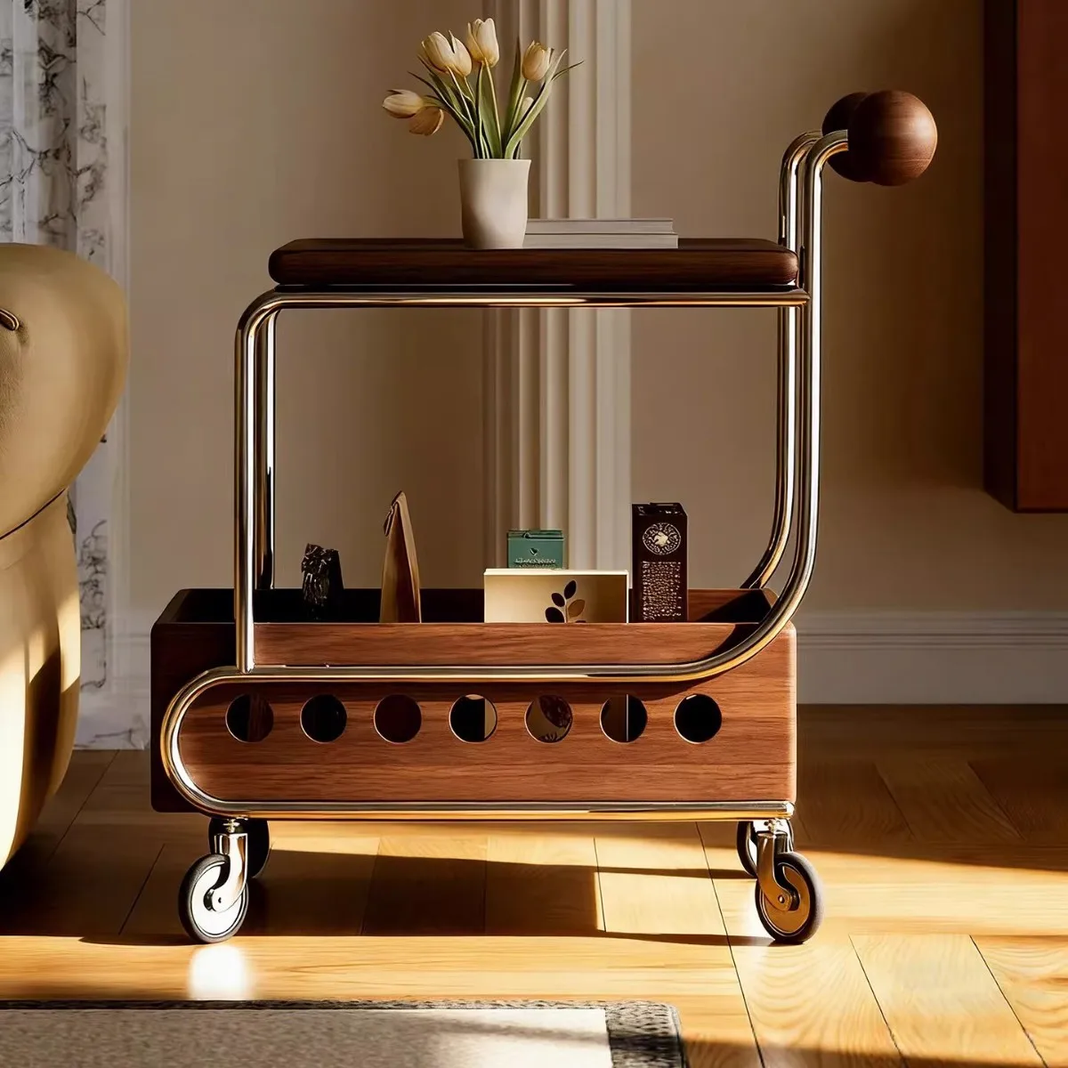 Movable trolley sofa side table coffee table retro style solid wood storage multi-layer rack dining car snack rack