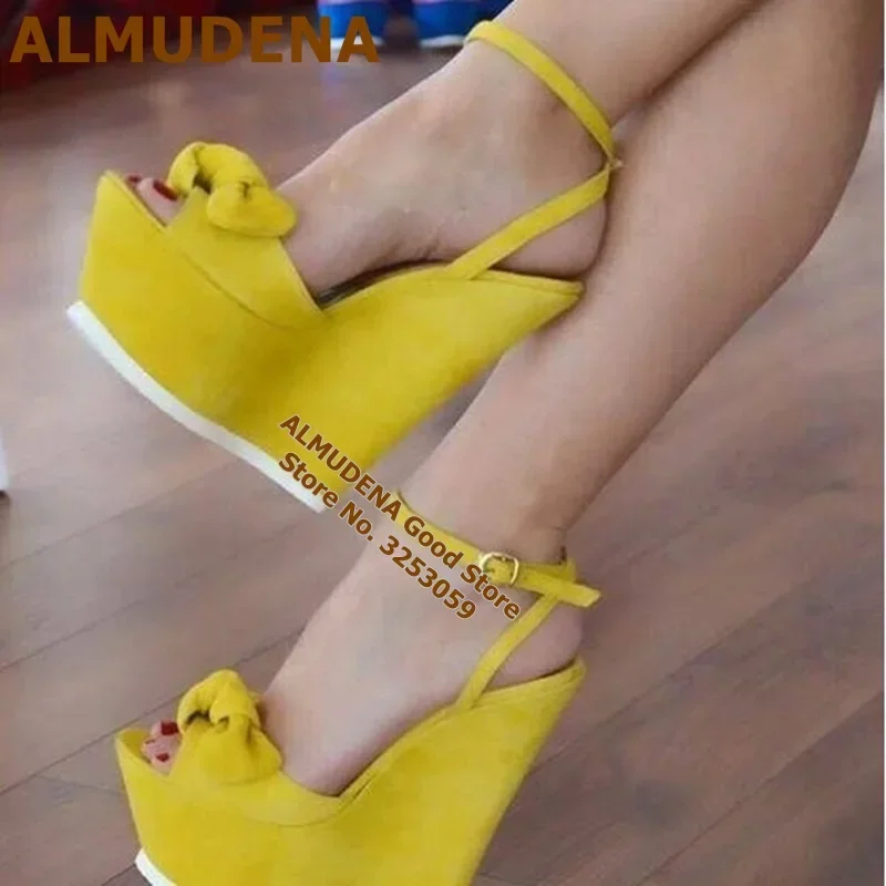 ALMUDENA Big Bowtie Chunky Heel Sandals Platform Butterfly-knot Dress Pumps Orange Red Yellow Suede Cute Wedding Shoes Plus Size view 2