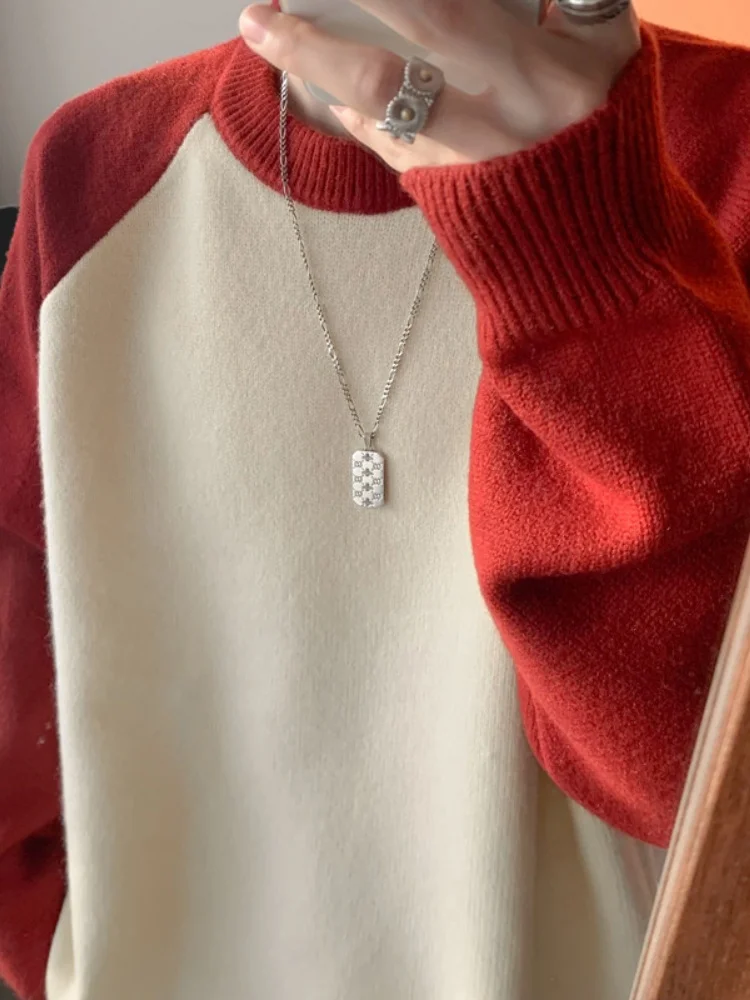 

Мужской вязаный свитер в американском ретро-стиле с цветными блоками, круглым вырезом и длинными рукавами, свободного кроя, удобный базовый свитер для подростков и молодежи