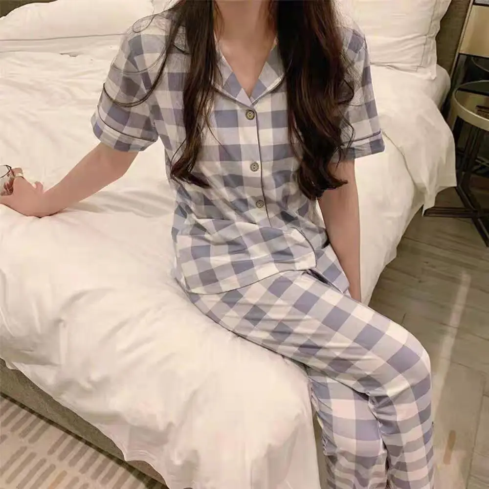 

Sweet Short Sleeve Grid Pajama Suit Slim Fit V Neck Tops Pants Nightwear Women Sleepwear Two Pieces Pajama Sets Gifts