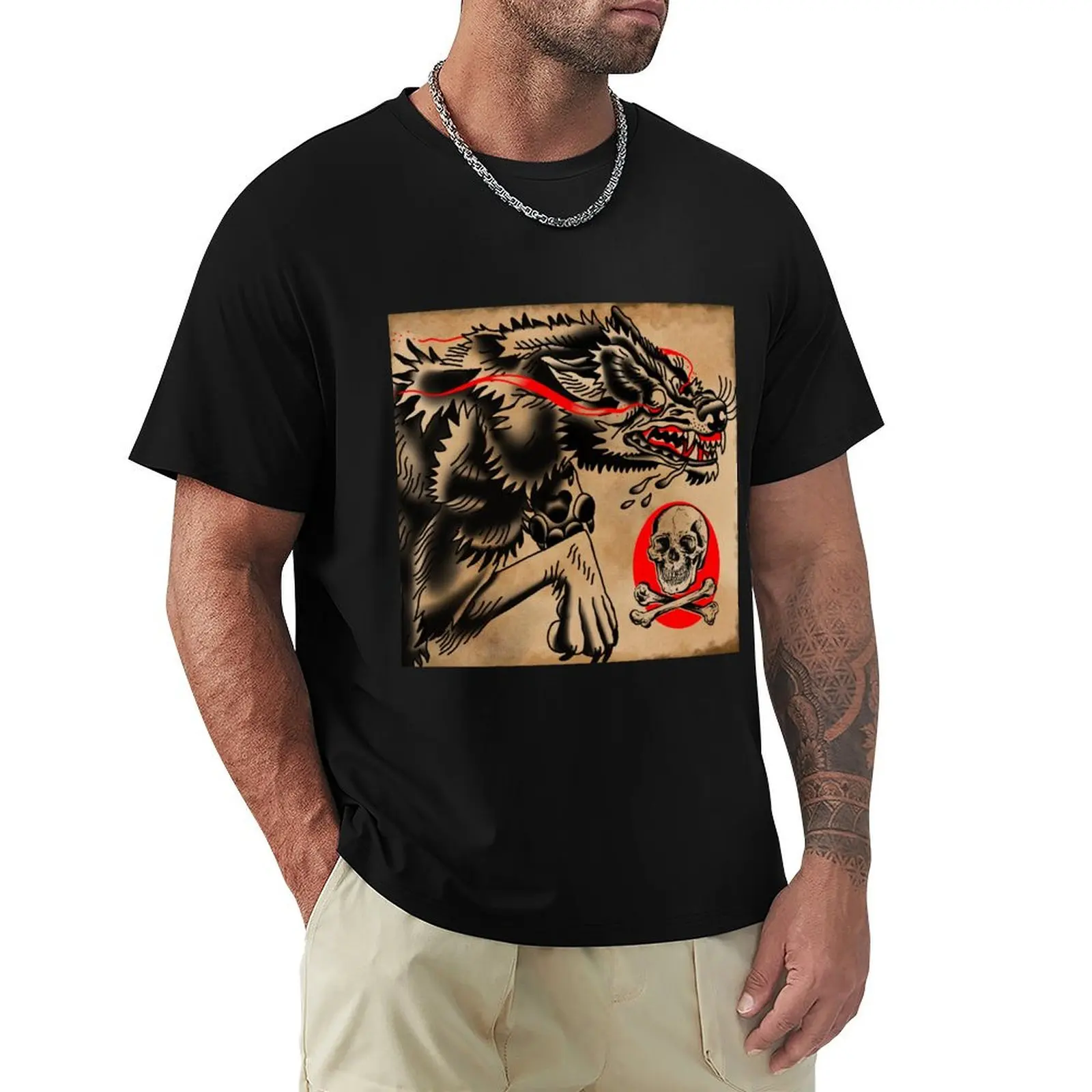 

American Traditional Wolf vs Ink Skull T-Shirt kawaii clothes custom t-shirts mens designer t shirt