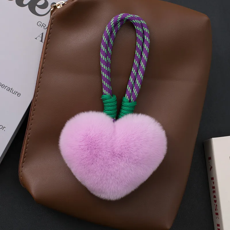 Echter Rex-Kaninchenfell-Herzanhänger, Flauschiger Ball als Rucksack-Dekoration, Handgefertigte Quaste als Geschenk – Detail 2