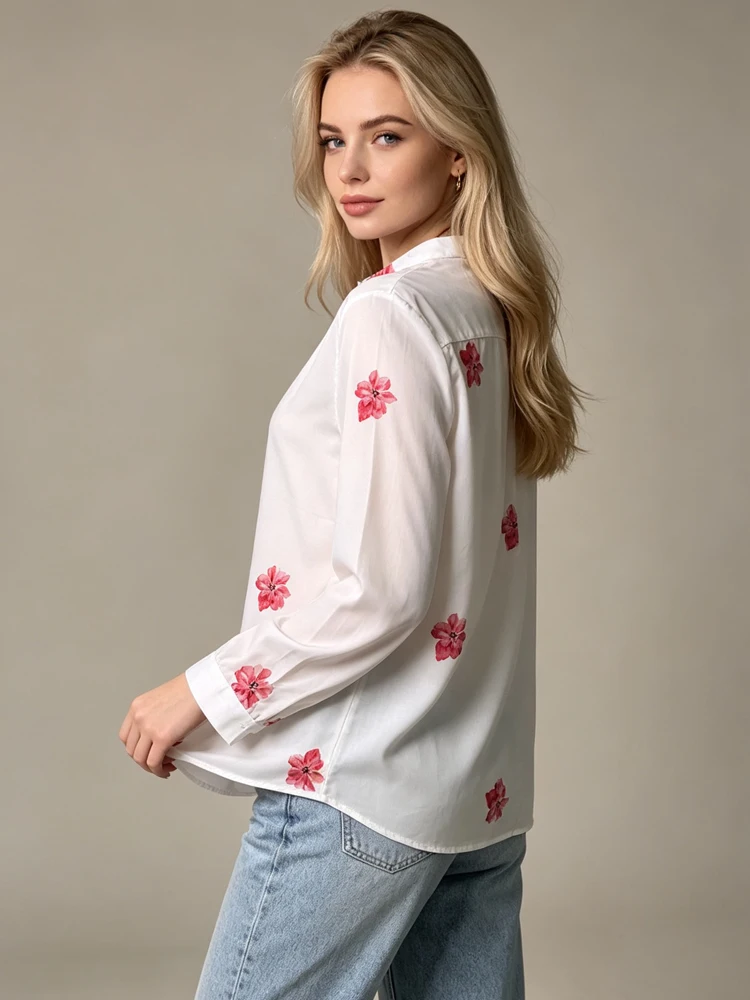 Spring Autumn Sweet Floral Print White Shirt Long Sleeve Blouse Stand Collar Button Front Loose Fit Simple Casual Shirts