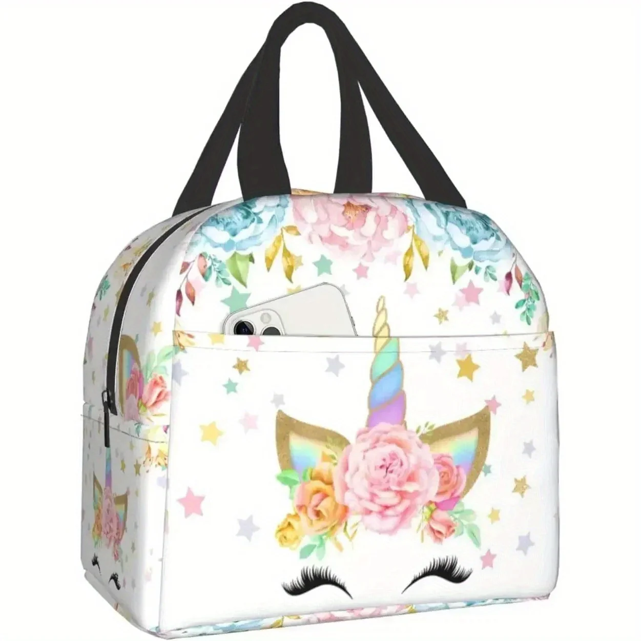 Insulated Lunch Box with Floral & Butterfly Design - Reusable Thermal Tote Bag for Women & Girls, Durable Oxford Fabric, Hand Wa