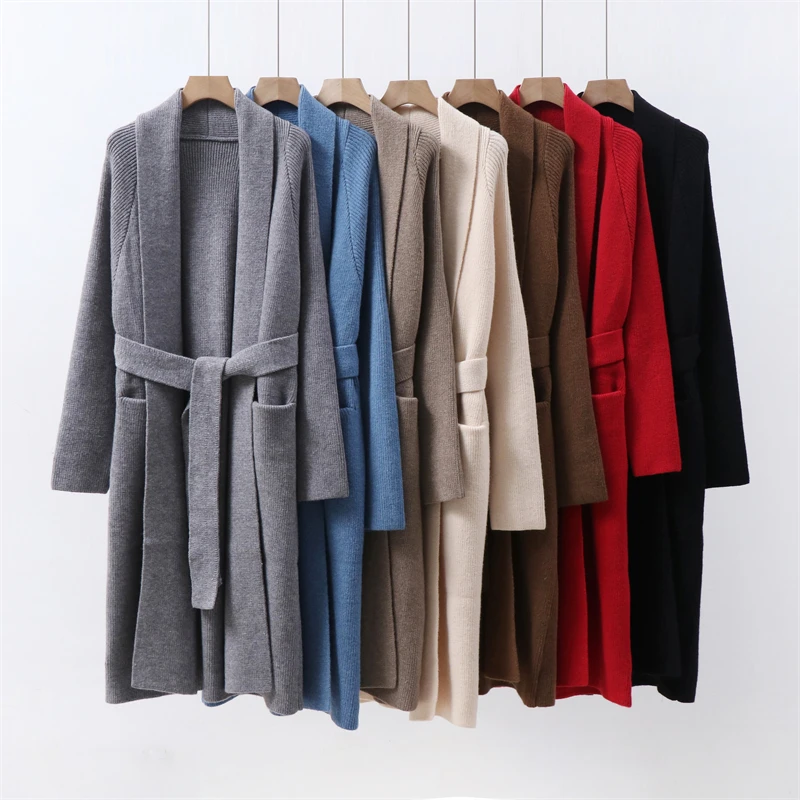 Thickened bathrobe waistband alpaca wool loose fit large sweater knitted cardigan medium to long length jacket for women