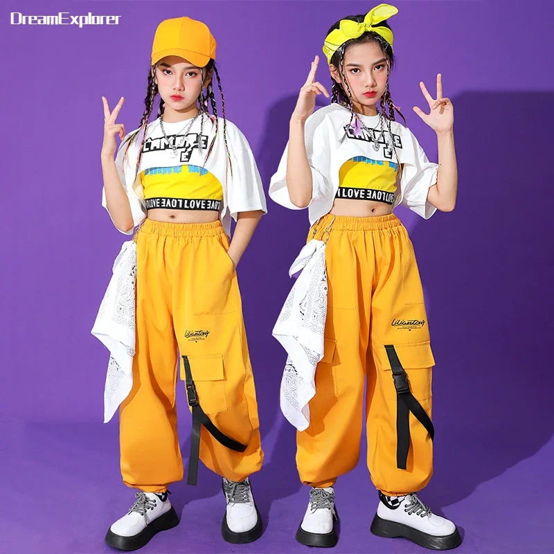 Girls Hip Hop T-shirt Solid Cargo Pants Child Summer Short Sleeve Crop Top Street Dance Joggers Streetwear Kids Jazz Clothes Set