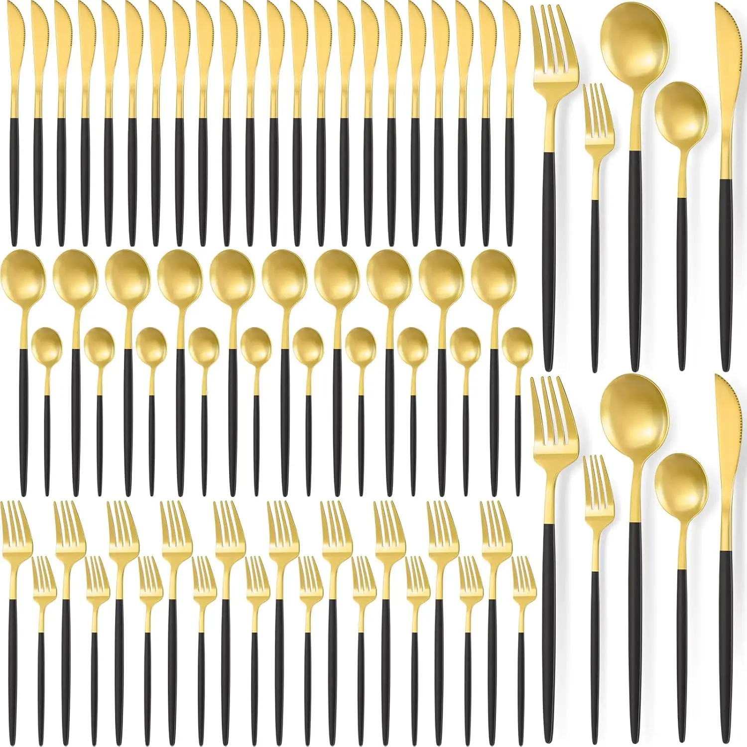 

60-Piece Stainless Steel Flatware Set for 12, Gold & Black Cutlery for Home Restaurant Kitchen