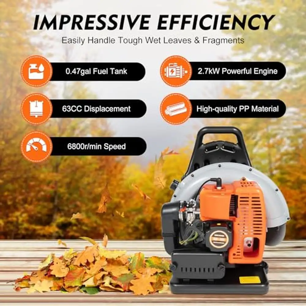 High Speed 63CC Gas Backpack Leaf Blower 2-Stroke Engine 6800r/min Patio Lawn Cleaning Blower with Constant Speed Switch