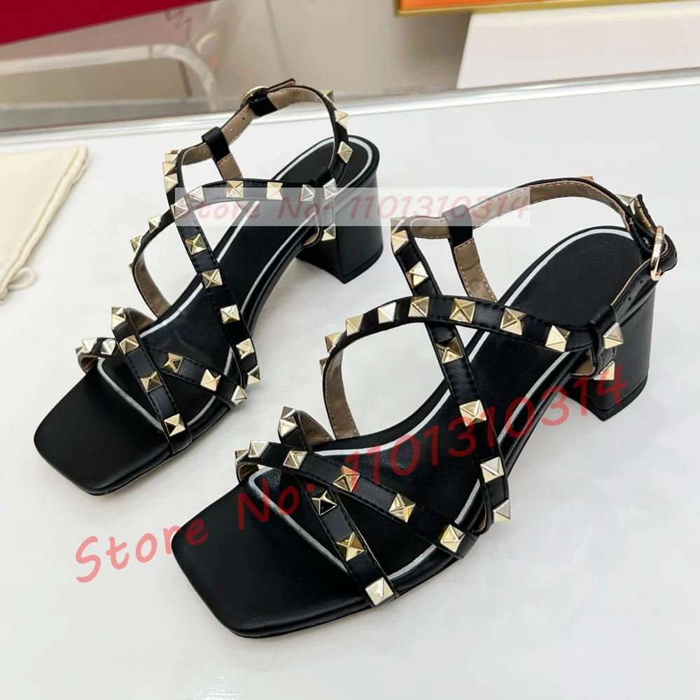 Rose Red Shiny Real Leather Rivets Block Heels Sandals Women Square Toe Gorgeous Party High Heels Gold Studded Trendy Shoes