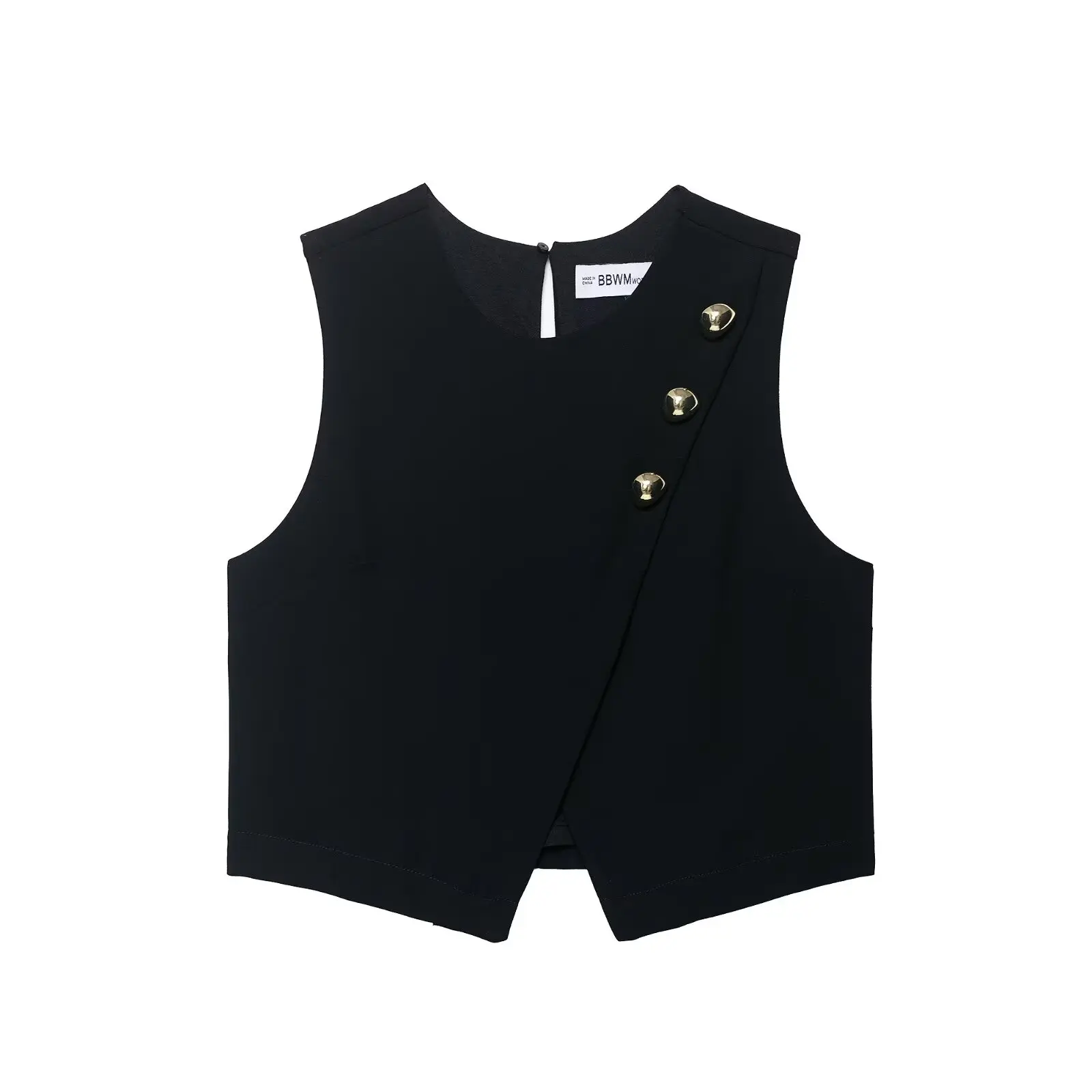 

Women's New Fashion Sleeveless Tops Black Back Hollow Out Single-Breasted Female Summer Casual Chic O-Neck Short Tops