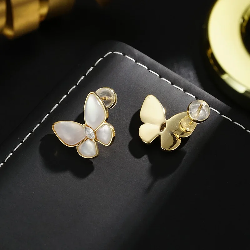 925 Silver Needle Sweet and Cute Wind Natural White Fritillary Temperament Light Luxury Simple Premium Butterfly Stud Earrings