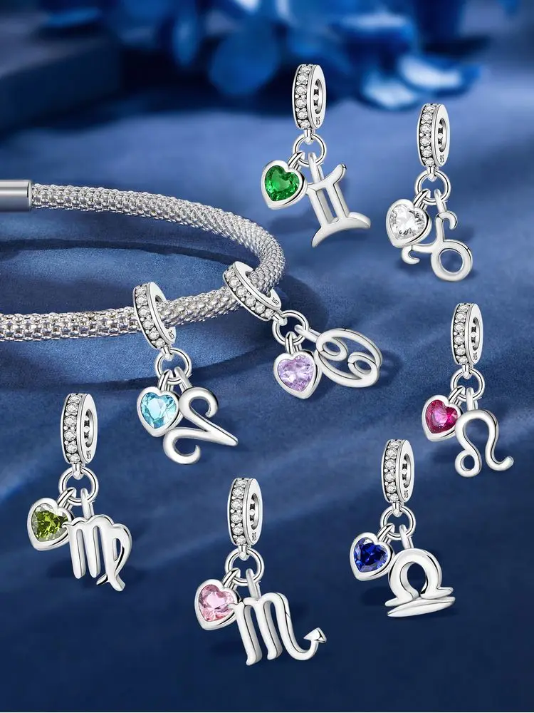 

Персонализированный браслет из стерлингового серебра 925 пробы с 12 созвездиями, разноцветный кулон в виде сердца любви, браслет «сделай сам», изготовление ювелирных изделий, подарок