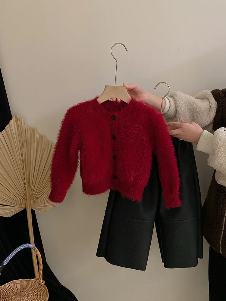 

Girls' Elegant Faux Mink Velvet Red Knitted Sweater Cardigan Autumn Winter New Fleece Warm Leather Pants Set