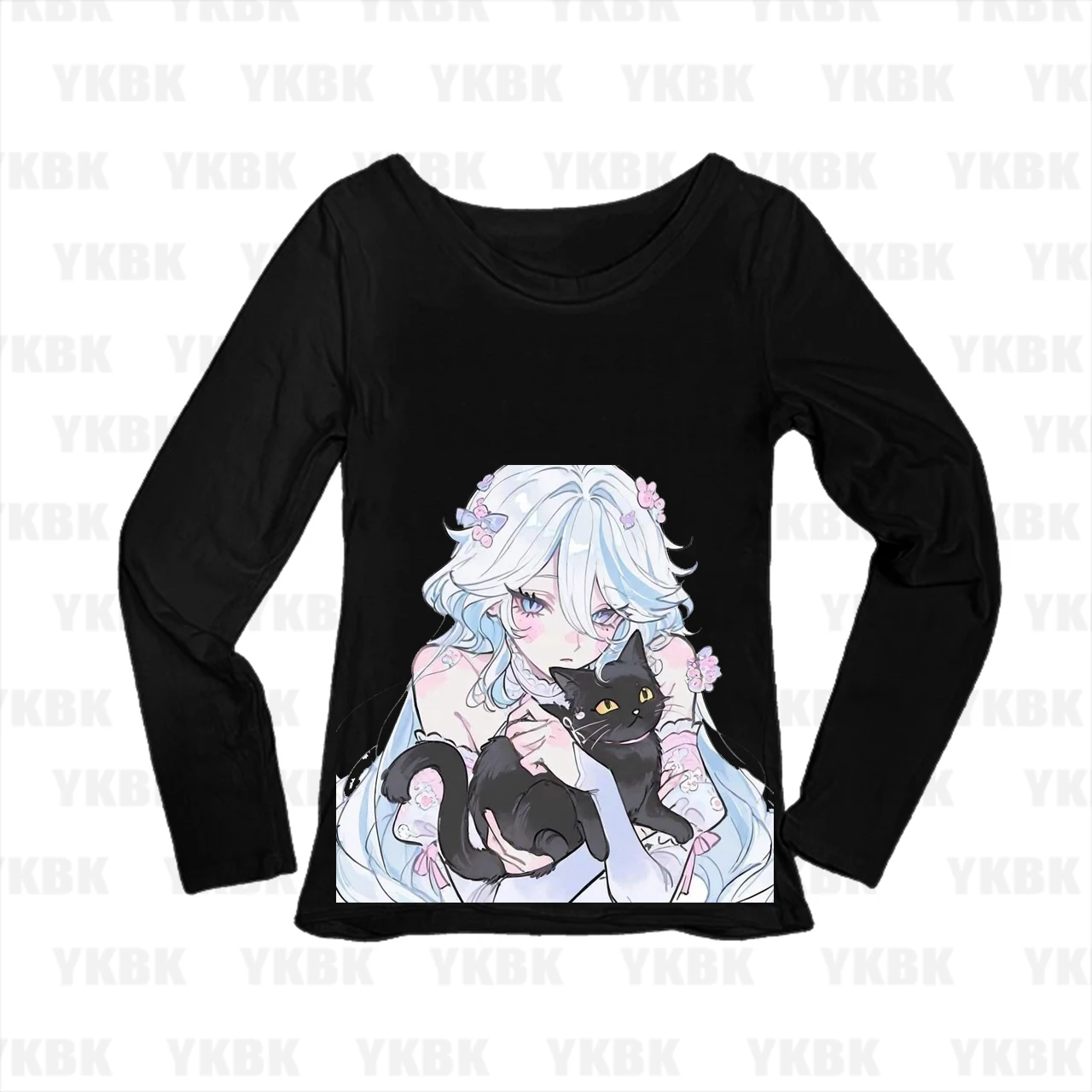 Kawaii Harajuku Women Pastel Hair Girl Hold Black Cat Long Sleeve Tee Scoop Neck Slim Y2K Soft Aesthetic Fitted Top
