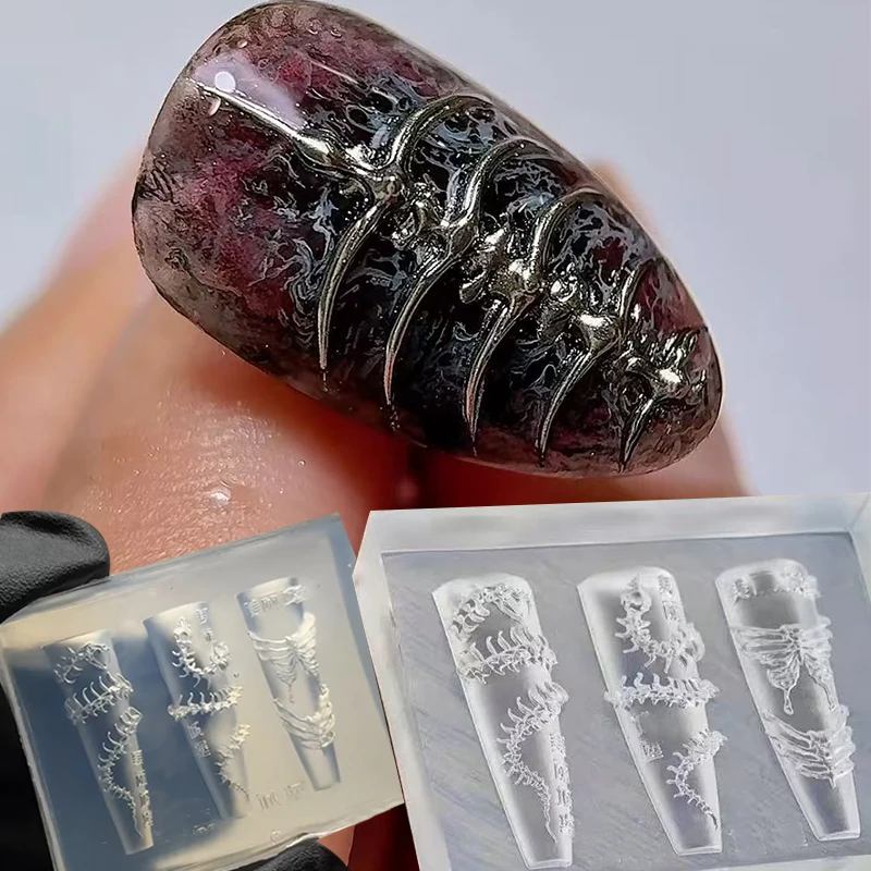 Stampo in silicone trasparente a forma di cuore per manicure, posta, pittura, costole, design dell'osso della colonna vertebrale, decorazioni per unghie, stampo per unghie in silicone