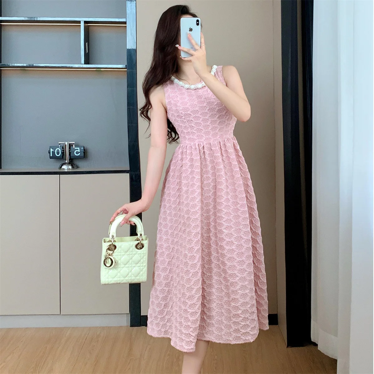 

Sweet Pink Sleeveless Princess Gown for Women 2025 New High-End O-neck Beaded Jacquard Birthday Party Dress