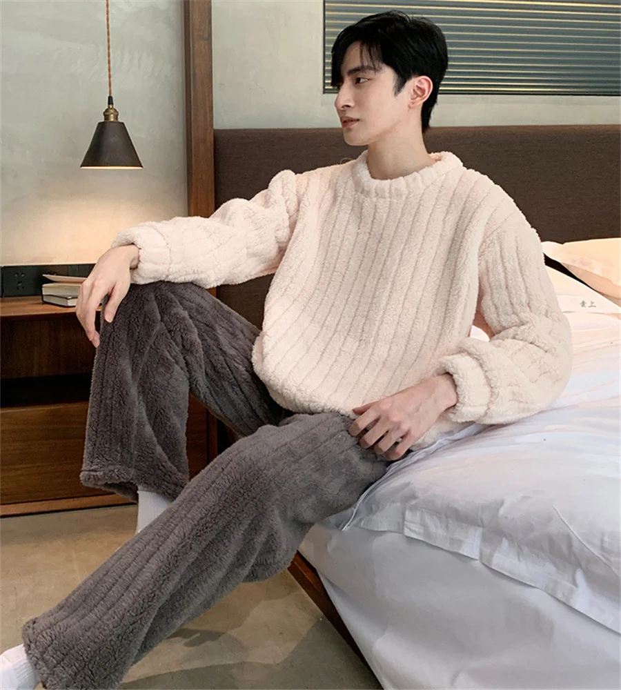 Casual Men\'s Autumn Winter Warm Pajamas Set Warm Coral Fleece Striped Pullover + Plush Pants 2Pcs Sleepwear Male Homewear