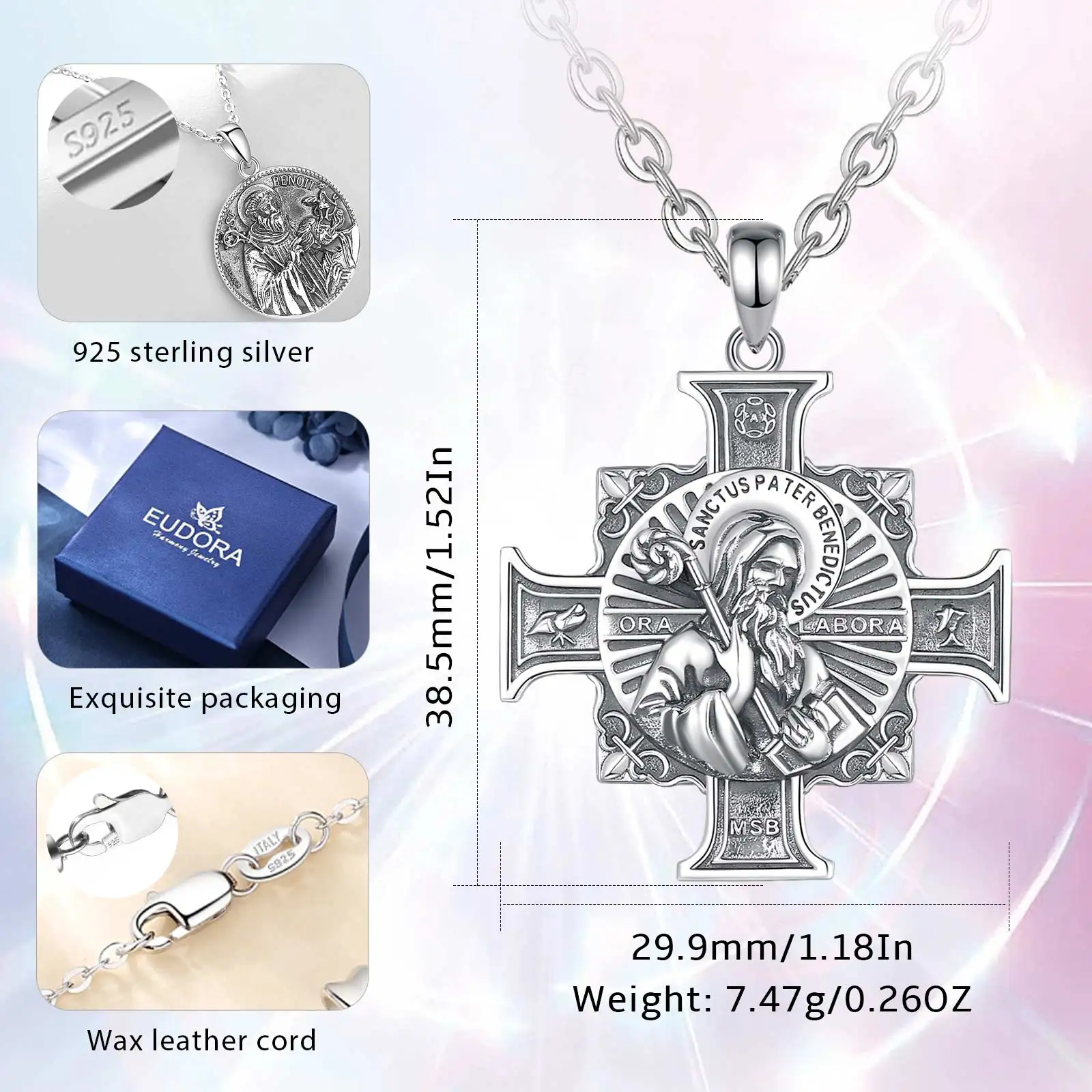Eudora 925 Sterling Silver saint benedict medal Necklace for Women Man Vintage Cross of san benedict Pendant Religious Jewelry