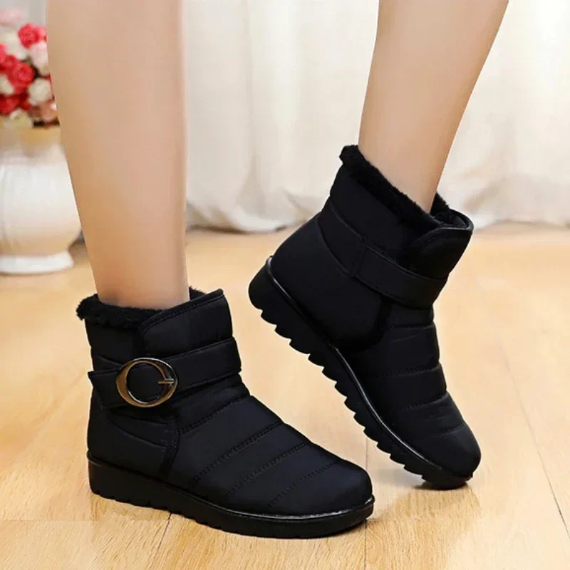 Boots Women Winter Waterproof Plush Snow Boots Zip Belt Buckle Shoes for Women Outdoor Non-slip Warm Ankle Boots Botines Mujer