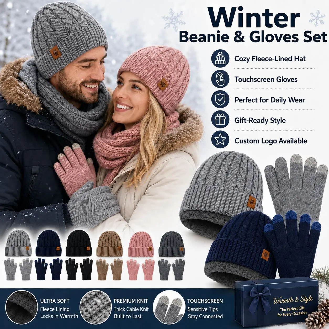 2Pcs Winter Hat Gloves Set Double-Layer Plush, Cold Proof, Warm, Touch Screen Warmer Suit Pompom Knitted Woman Men Cap Set