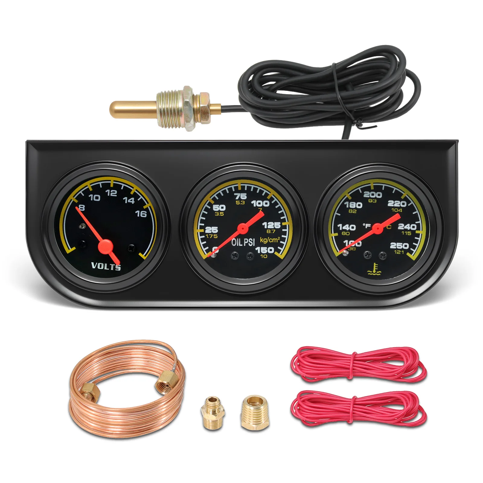 Oil Pressure+AMP+Water Temp 52mm 3 in 1 Car Modification Gauge Black/Chrome Bezel Face Face with Sensor Voltmeter 8-16V Customiz